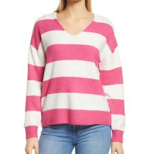 Vince Camuto Hot Pink And White Rugby Stripe V-Neck Sweater | NWT